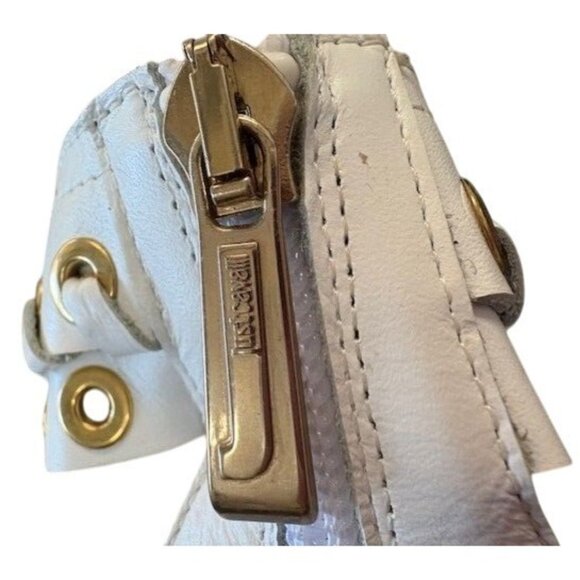 Justcavalli White Heeled Sandals With Gold Grommet & Zipper Details Open Toe - Picture 5 of 5